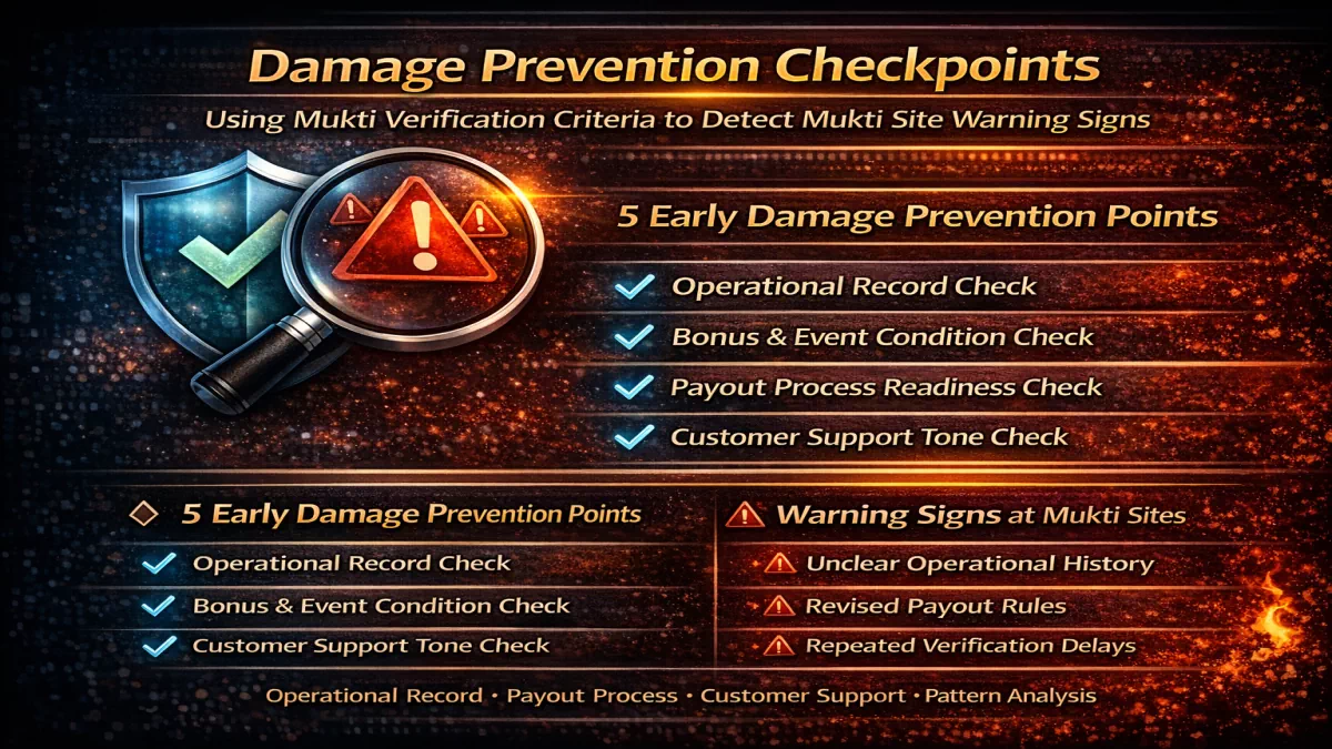 먹튀검증 기준으로 사전 피해 예방 체크포인트와 먹튀사이트 위험 신호를 정리한 이미지